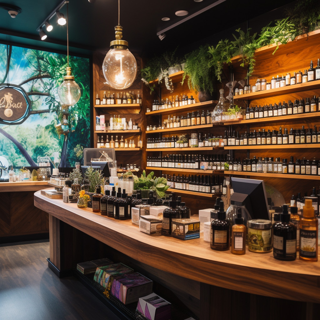 a room with shelves of bottles and plants